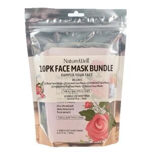 NatureWell 10 Pk FACE MASK BUNDLE –Rose, Coconut, Vitamin C, Hyaluronic, Retinol